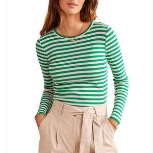 Boden Anna Rib Crew Long Sleeve T-shirt Size 2 in Meadow Green, Ivory Stripe NWT